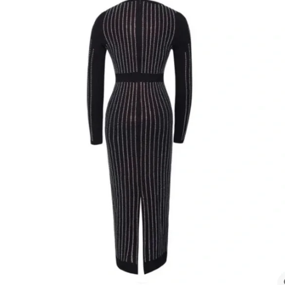 Black Ribbed Maxi Bodycon Dress with Vertical Gemstone Stripes Sz 6 - Picture 3 of 3